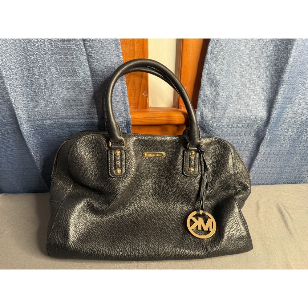 Michael Kors Black Pebbled Leather Domed Satchel Handbag Gold Hardware